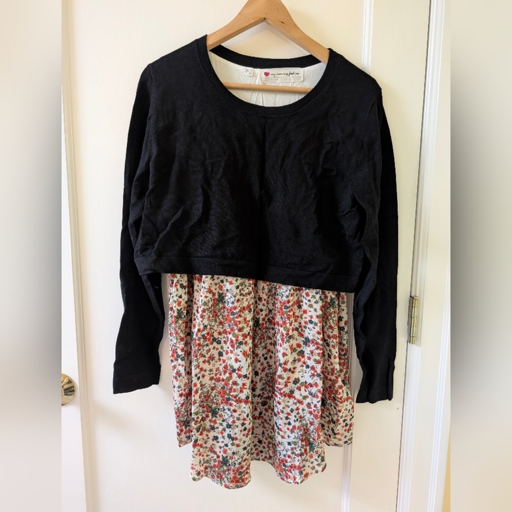 Bon Prix Floral Black Layered Maternity Nursing Tunic - Medium - NWOT